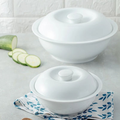 Pumpkin Shaped 2100ml With Cover Big White Ceramic Bowl For Hotels & Restaurants