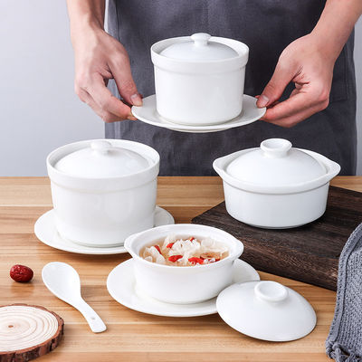 White Cookware Ceramic Pot Sets Used In Kitchen Serving Soup Bowl Set With Lid