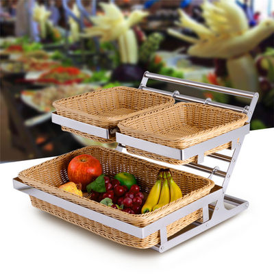 2 Tier Fruit Display Stand With Rattan Bread Basket Set Buffet Risers Food Display Stands