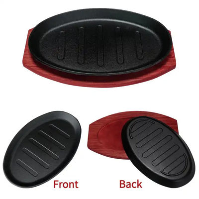 Cast Iron Oval Shape Sizzling Plate Frying Pan Steak Plates With Wood Base Plate