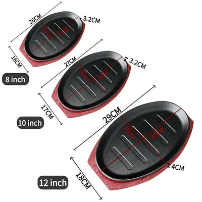 Cast Iron Oval Shape Sizzling Plate Frying Pan Steak Plates With Wood Base Plate