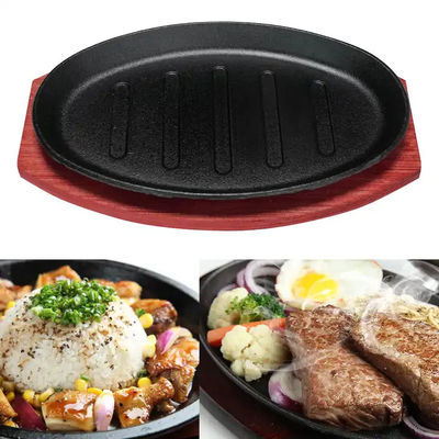 Cast Iron Oval Shape Sizzling Plate Frying Pan Steak Plates With Wood Base Plate