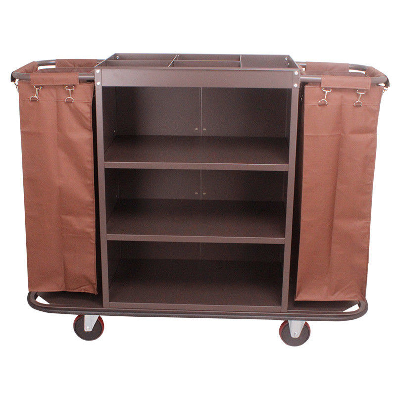 Brown Housekeeping Trolley Hotel Cleaning Supplies Metal Housekeeping Cart