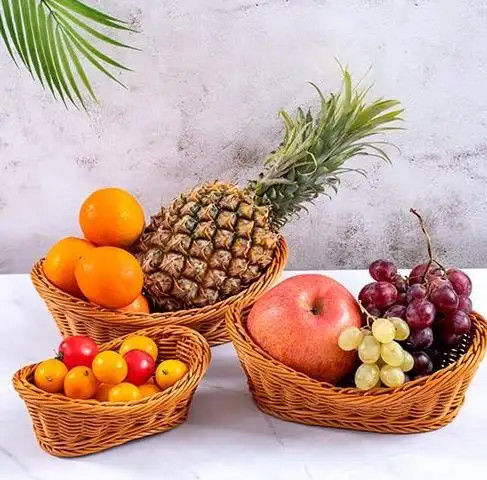 Hand Woven Kitchen Bakery Storage Bread Food Grade Plastic Rattan Bakery Basket With Handle